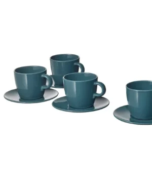 FÄRGKLAR Cup with saucer glossy dark turquoise Set of 4 | Imported