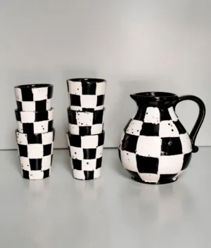 Hand Painted Black Check Jug and Glasses Set of 6