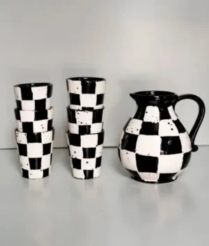 Hand Painted Black Check Jug and Glasses Set of 6