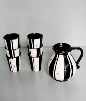 Hand Painted Black Double Stripe Jug and Glasses Set of 6