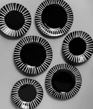 Hand Painted Black Multi Stripe Edge Dinner Set of 6 | 12 Piece Set