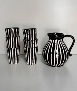 Hand Painted Black Multi Stripe Jug and Glasses Set of 6