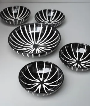 Hand Painted Black Multi Stripe Serveware Set