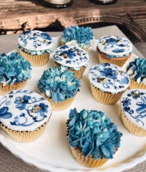 Hand painted Blue and White Floral Fondant Cupcakes | Box of 12