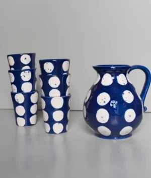 Hand Painted Blue with White Oversize Polka Dot Jug and Glasses Set of 6