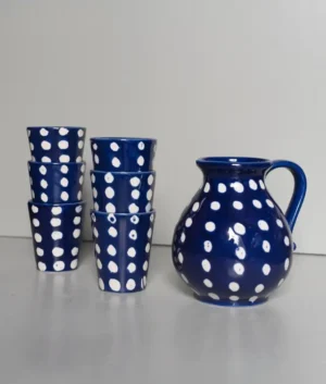 Hand Painted Blue with White Polka Dot Jug and Glasses Set of 6