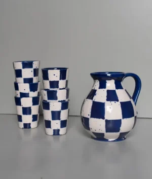 Hand Painted Navy Blue Check Jug and Glasses Set of 6