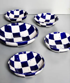 Hand Painted Navy Blue Check Serveware Set