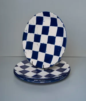 Hand Painted Navy Blue Check Serving Platter