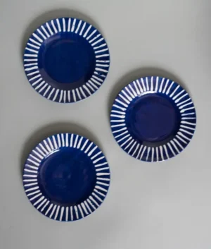 Hand Painted Navy Blue Multi Stripe Edge Dinner plate Set of 6