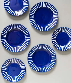 Hand Painted Navy Blue Multi Stripe Edge Dinner Set of 6 | 12 Piece Set