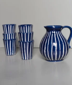 Hand Painted Navy Blue Multi Stripe Jug and Glasses Set of 6