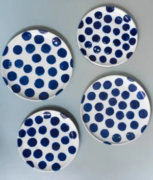 Hand Painted Navy Blue Polka Dot Dinner Set of 6 | 12 Piece Set