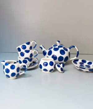 Hand Painted Navy Blue Polka Dot Tea Set | 15 Piece Set