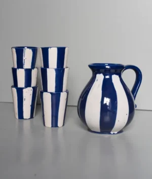 Hand Painted Navy Blue Stripe Jug and Glasses Set of 6