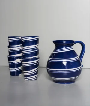 Hand Painted Navy Blue Swirl Jug and Glasses Set of 6