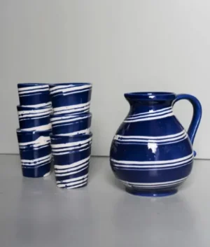 Hand Painted Navy Blue Swirl Jug and Glasses Set of 6