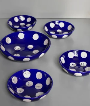 Hand Painted White Oversize Polka Dot on Blue Serveware Set