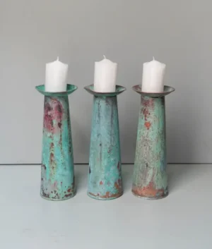 Medium Antiqued Teal Candle Holder Set of 3