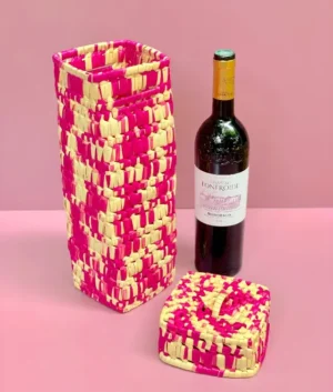 Palmyrah Hot Pink and Beige Wine Bottle Holder Set of Two