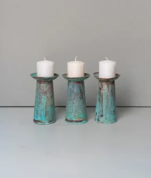 Small Antiqued Teal Candle Holder Set of 3