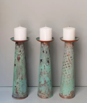 Tall Antiqued Teal Candle Holder Set of 3