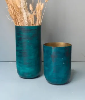 Teal Brass Cylinder Vase Set of 2